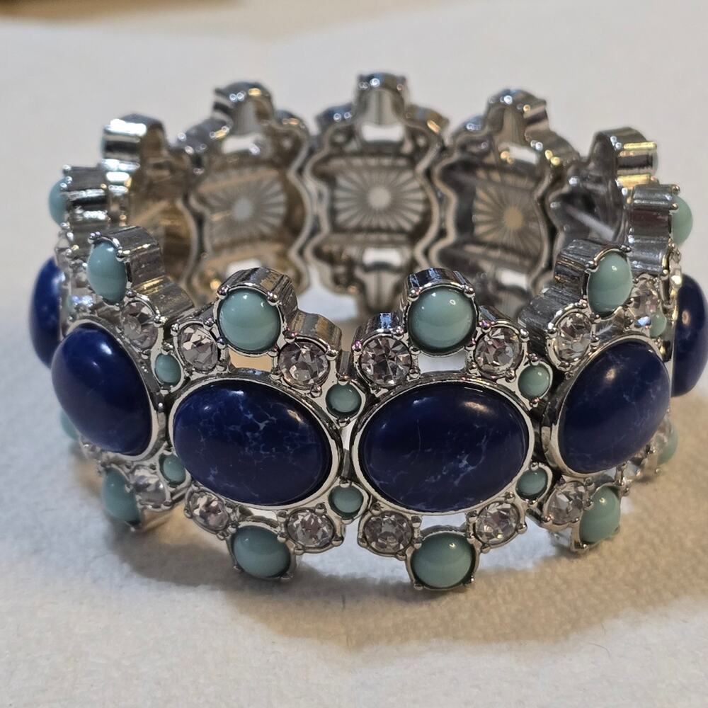 Lia Sophia Lapis Blue Turquoise Crystal Stone Stretch Chunky Statement Bracelet